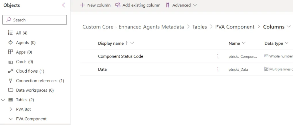 Screenshot showing the customized PVA Bot Component table in the Copilot studio Monitor