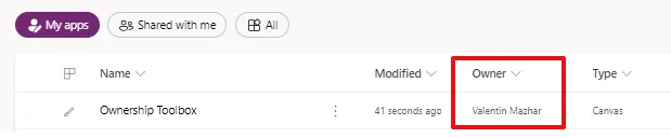 Screenshot showing where the Main Owner is shown for an App