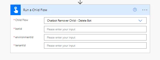 Screenshot of calling a the Delete Bot child flow
