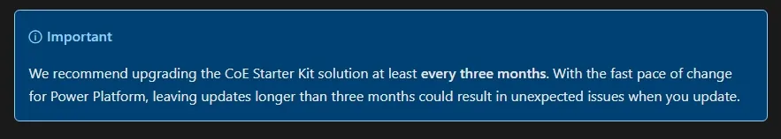 Screenshot of Microsoft's recommendation to upgrade the CoE Starter Kit every three months