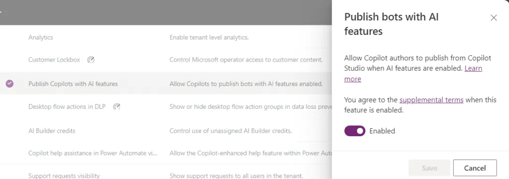 Screenshot of the Power Platform Admin Center and Copilot Studio setting to block the publication of bots using Gen AI