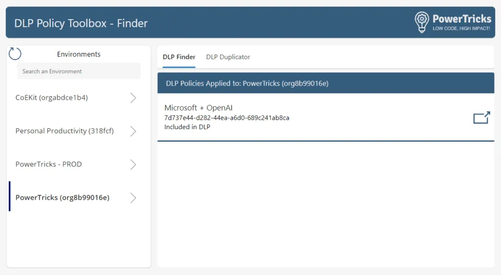 Screenshot of the DLP Policy Toolbox app