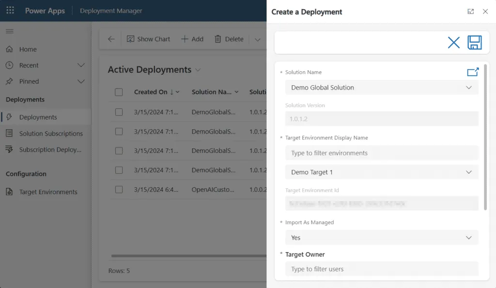 Screenshot of the custom page to create a deployment in the Solution Deployer