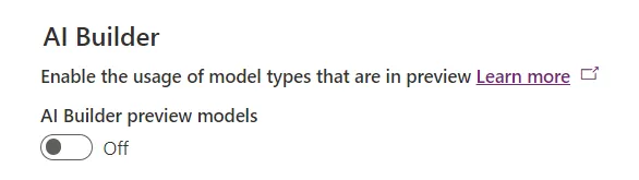 Screenshot of the Environment Setting for AI Builder preview models