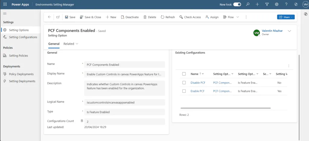 Screenshot of the main form to add a Setting Option
