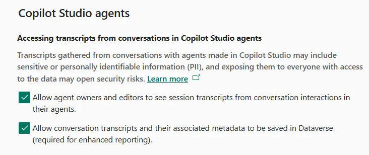 Screenshot of the Agent Transcripts settings in the PPAC