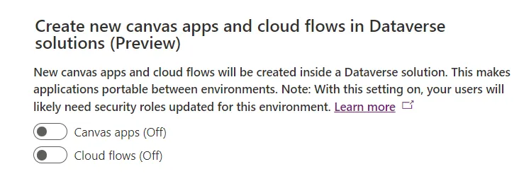 Screenshot of the setting from the Power Platform Admin Center to turn on creation of Apps and Flows in Solutions by default