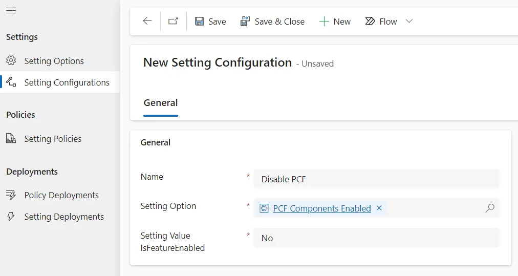 screenshot of the creatin of a setting configuration