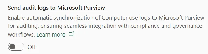 Screenshot of the setting from the Power Platform Admin Center to enable or blocked sending CUA logs to Purview