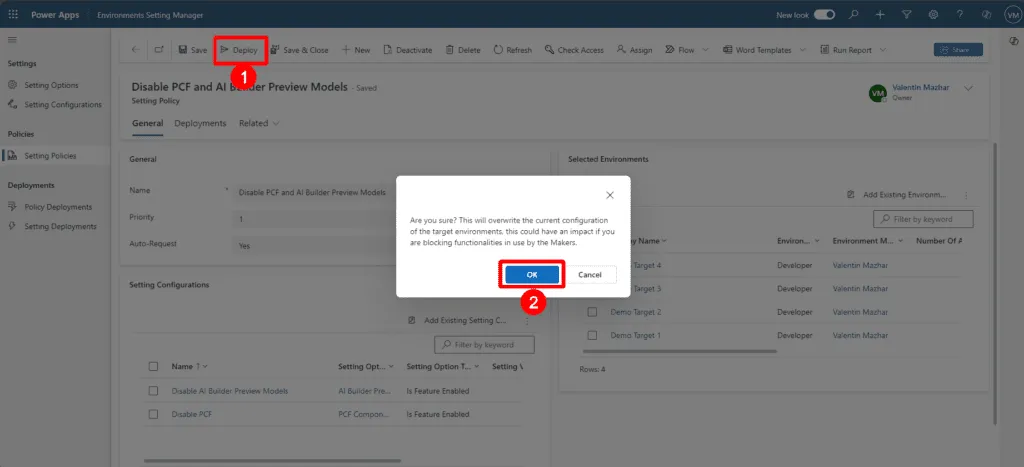 Screenshot for the confirmation for a Setting Policy Deployment