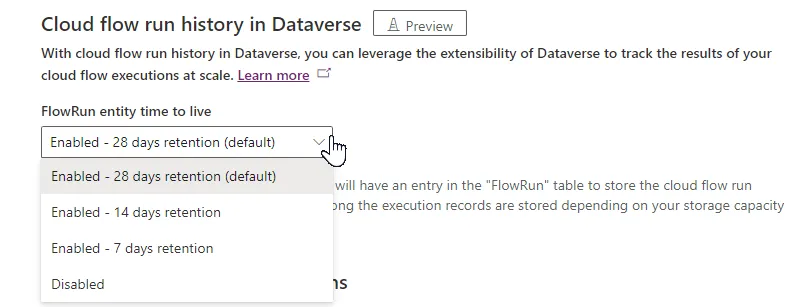 Screenshot showing the cloud flow run history retention setting