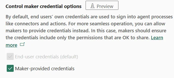 Screenshot of the setting from the Power Platform Admin Center to enable or blocked MCS Maker Credentials