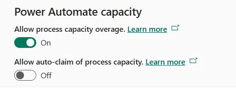 Screenshot of the Process Capacity Overage and AutoClaim settings in the PPAC
