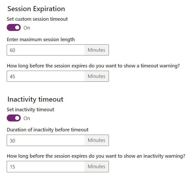 Screenshot of the sessions Timeout configuration settings in the admin center