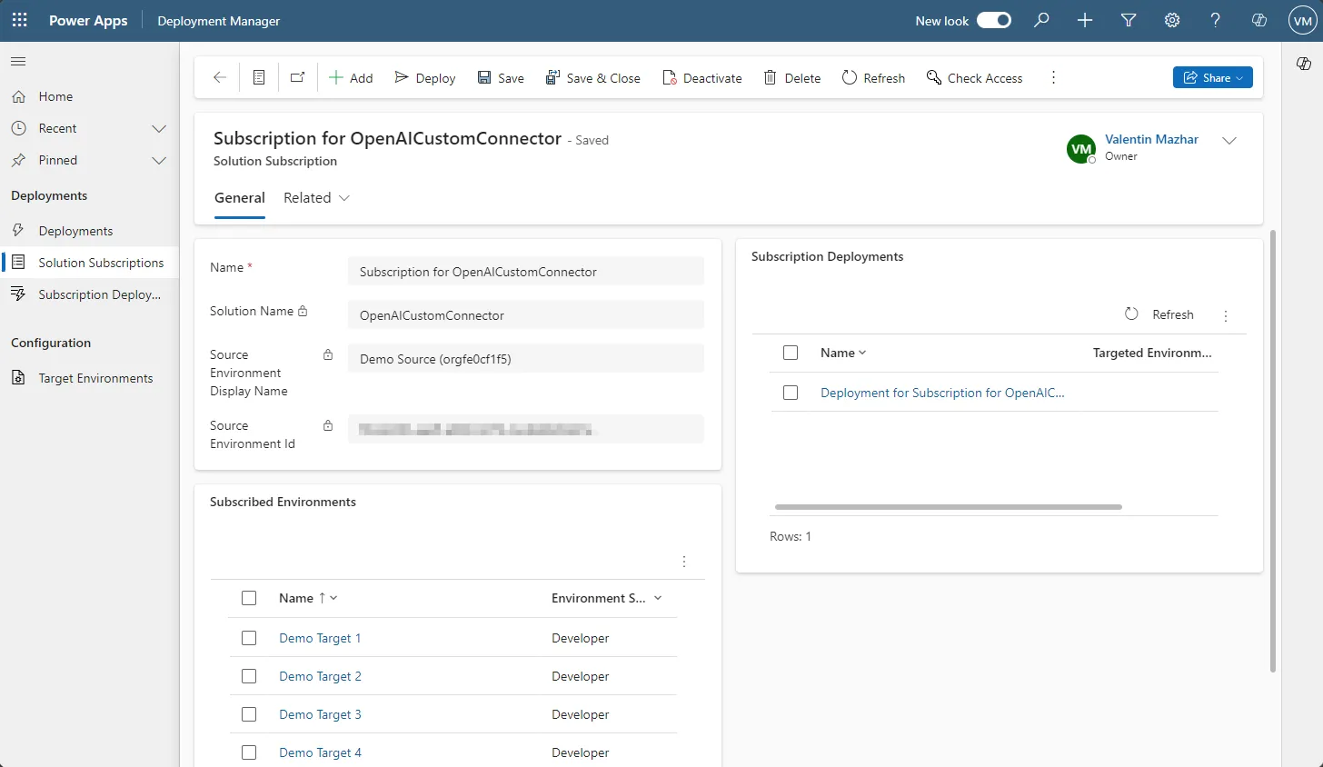 Screenshot of the main form of a Solution Subscription in the Solution Deployer