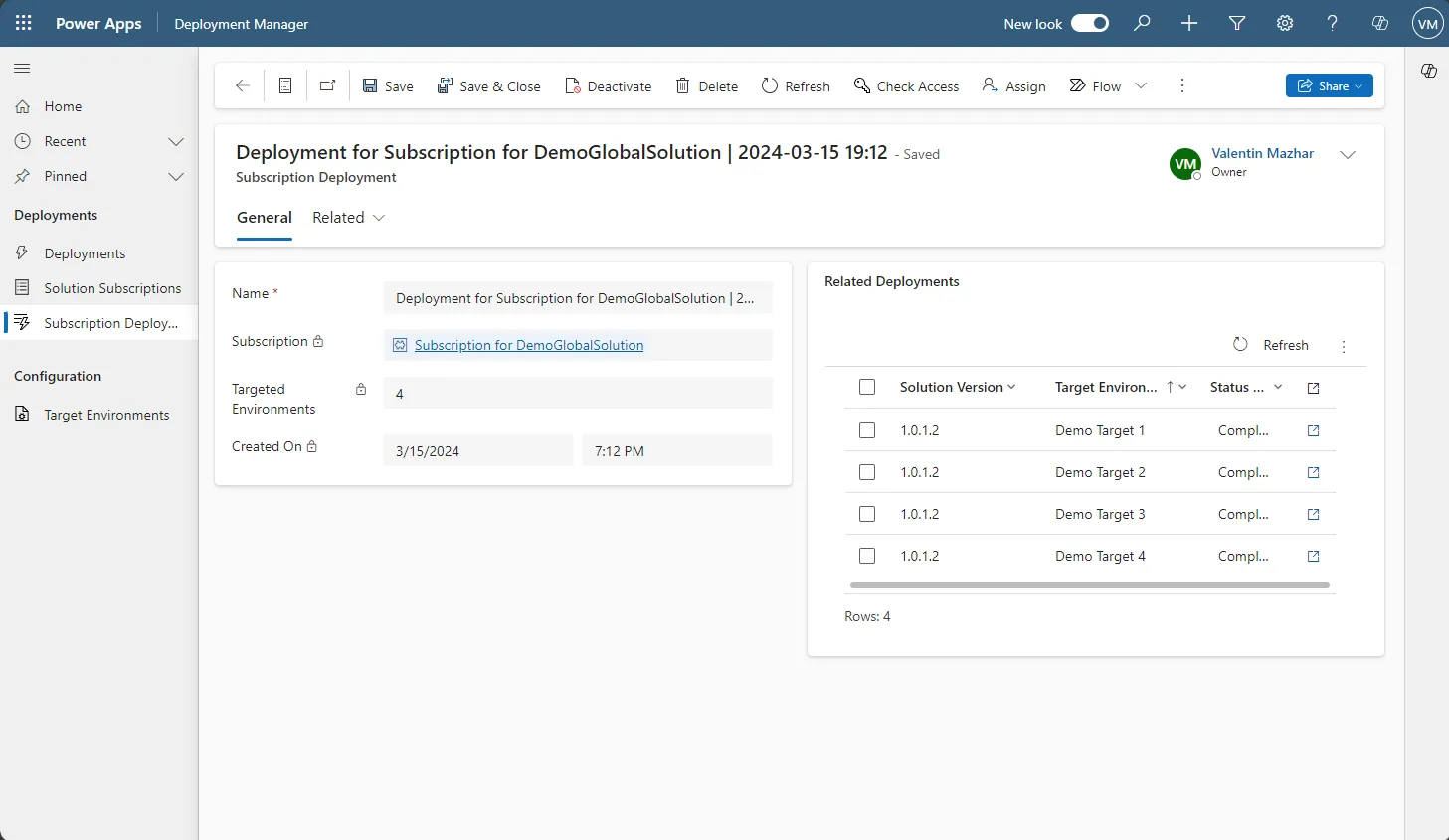Screenshot of the main form of a Subscription Deployment in the Solution Deployer