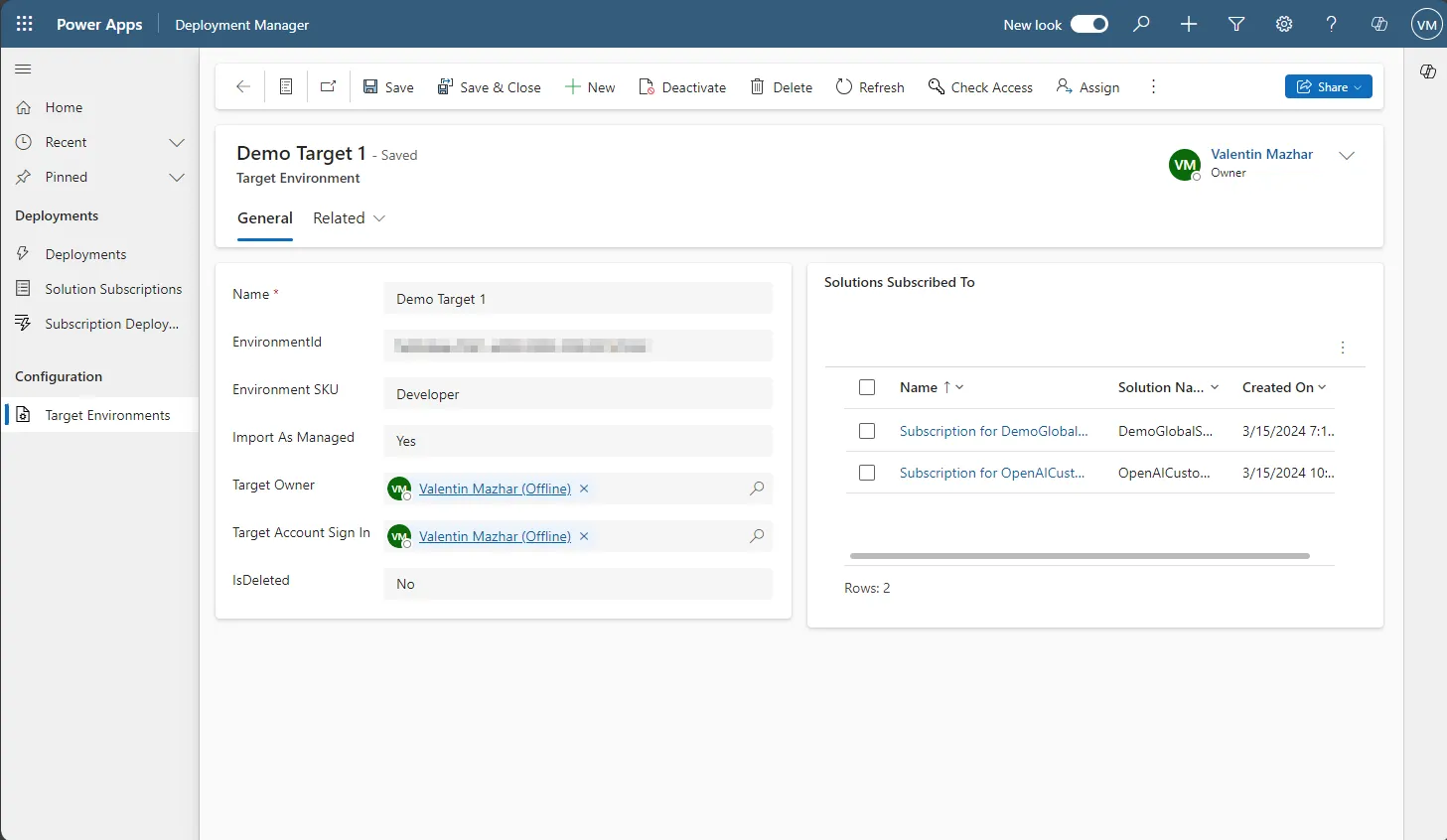 Screenshot of the main form of a Target Environment in the Solution Deployer