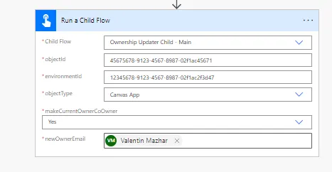 Screenshot of the input parameters of the main ownership updater child flow
