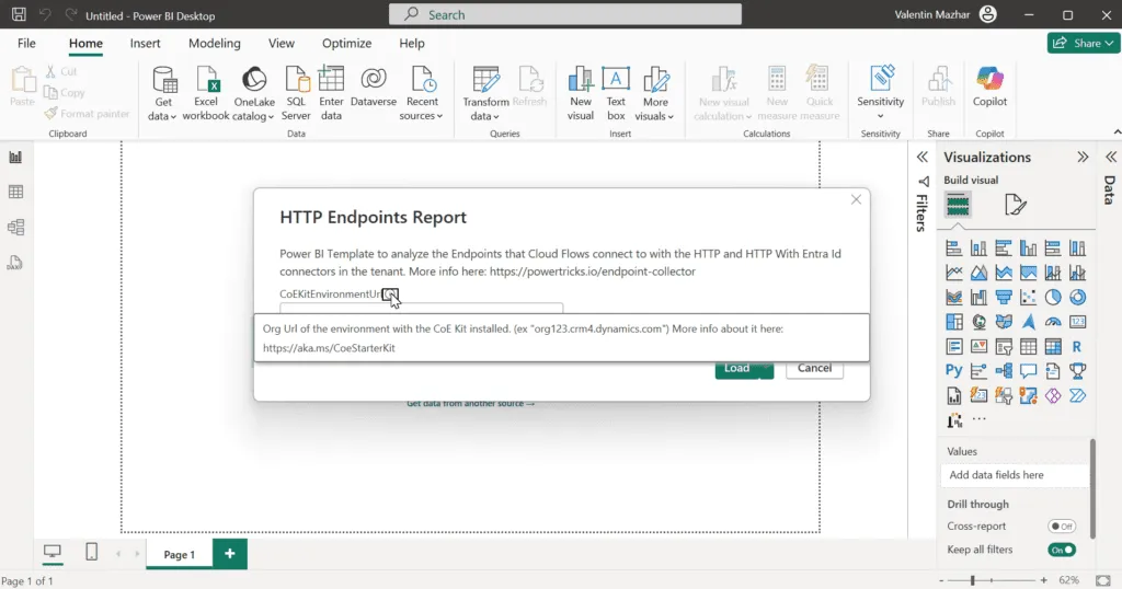 Screenshot showing the the Power BI template popup to indicate the OrgUrl parameter