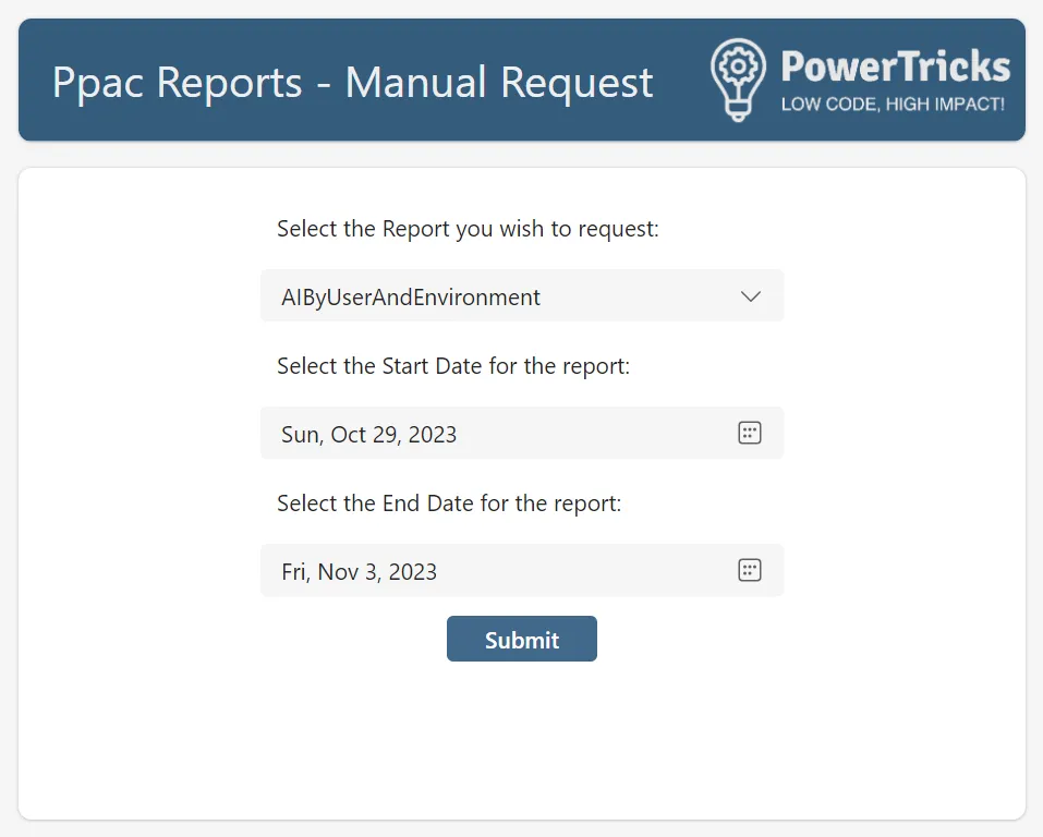 Screenshot of the App included in the PPAC Reports Extractor solution