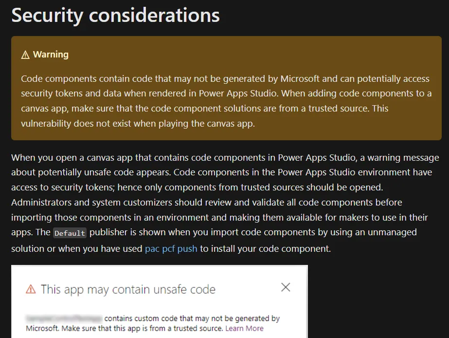 Screenshot of the warning from Microsoft about PCF components