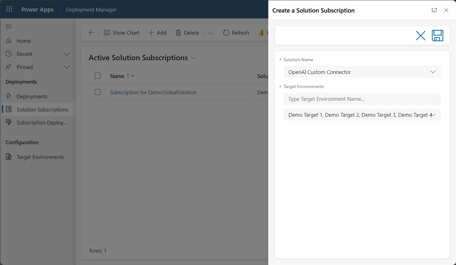 Screenshot of the Custom page to create a solution subscription in the Solution Deployer