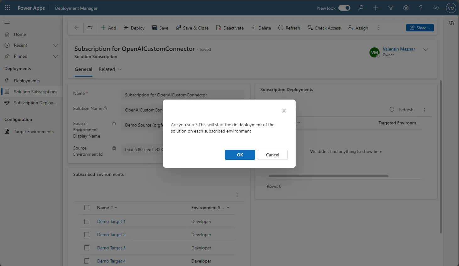 Screenshot of the creation of a subscription deployment in the Solution Deployer