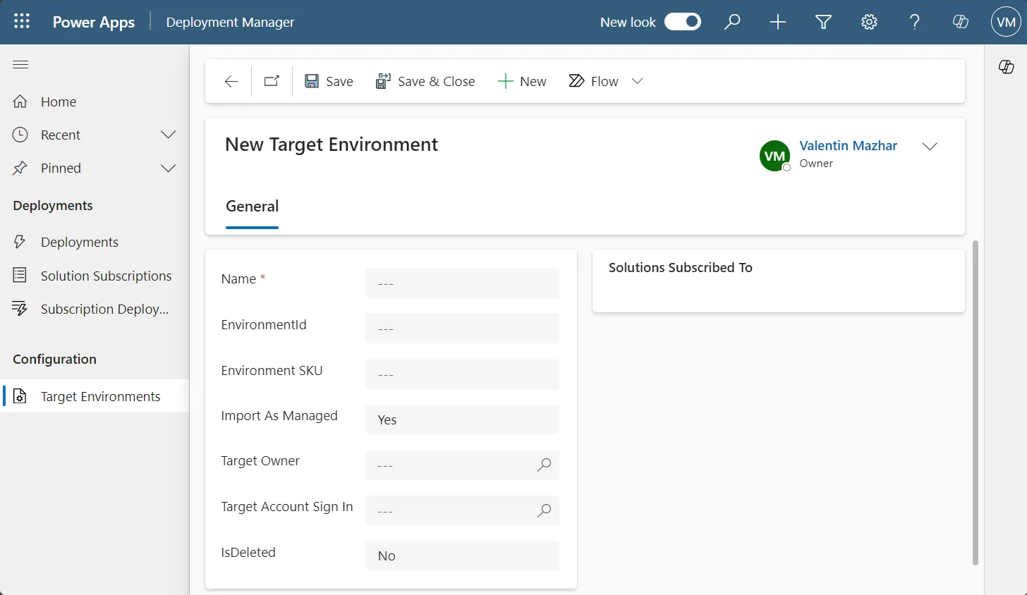 Screenshot of the Target Environment Main Form of the Solution Deployer