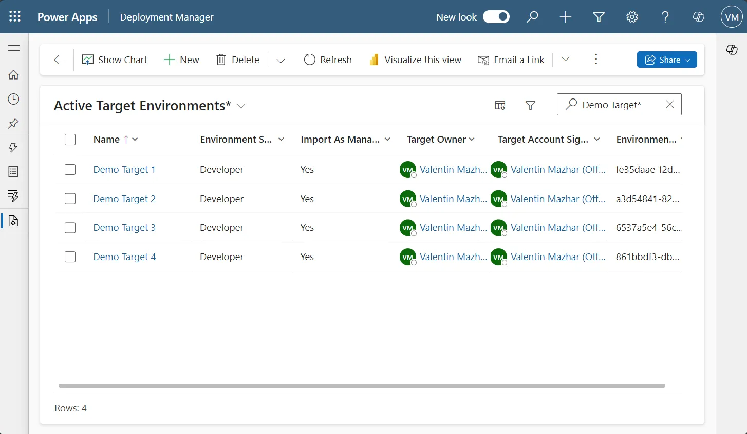 Screenshot of the Target Environment View of the Solution Deployer