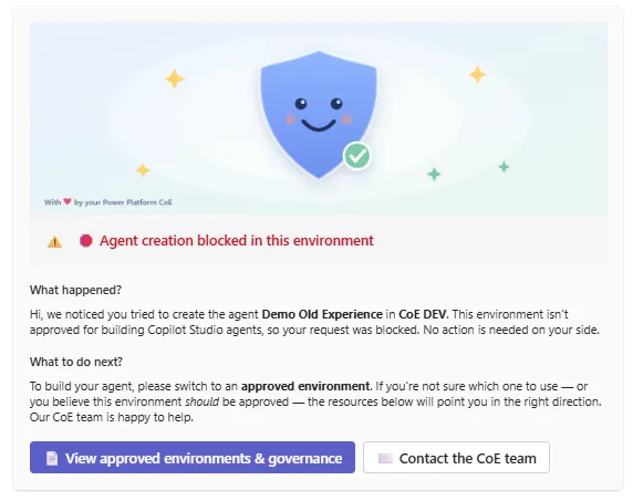 Sample Teams Adaptive Card received by the maker after a blocked agent creation, explaining what happened and pointing to the approved governance path and next steps