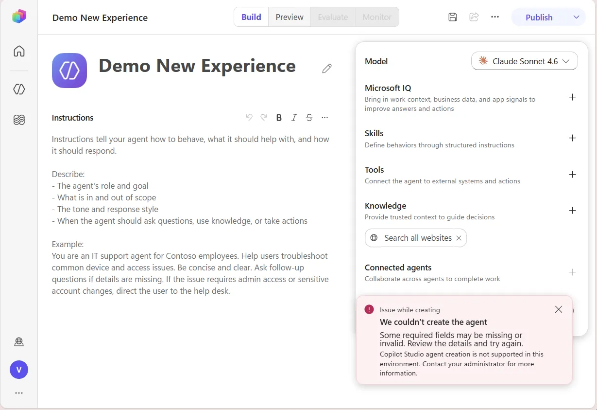 Copilot Studio error shown to the maker in the modern creation experience when agent creation is blocked, surfacing the custom plugin exception message