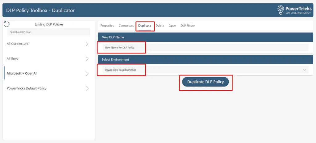 Screenshot of the Duplicate tab in the DLP Policy Toolbox app for naming and scoping a new duplicated policy