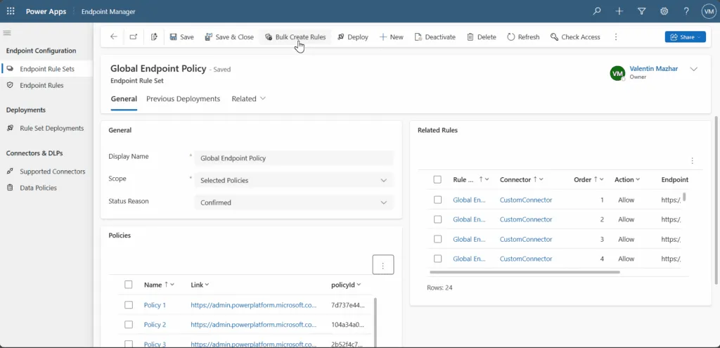 Screenshot showing the bulk create rules button