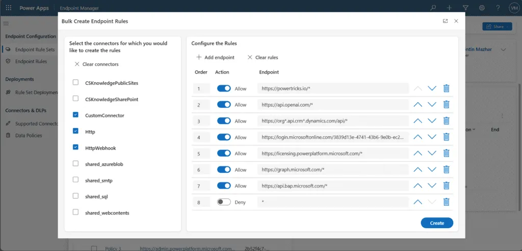 Screenshot showing the bulk creation of rules