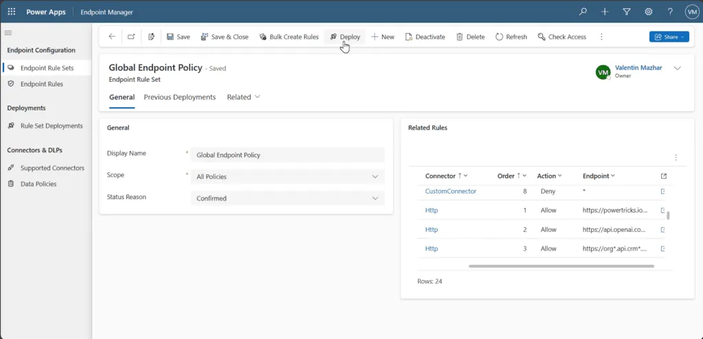 screenshot showing how to deploy a rule set