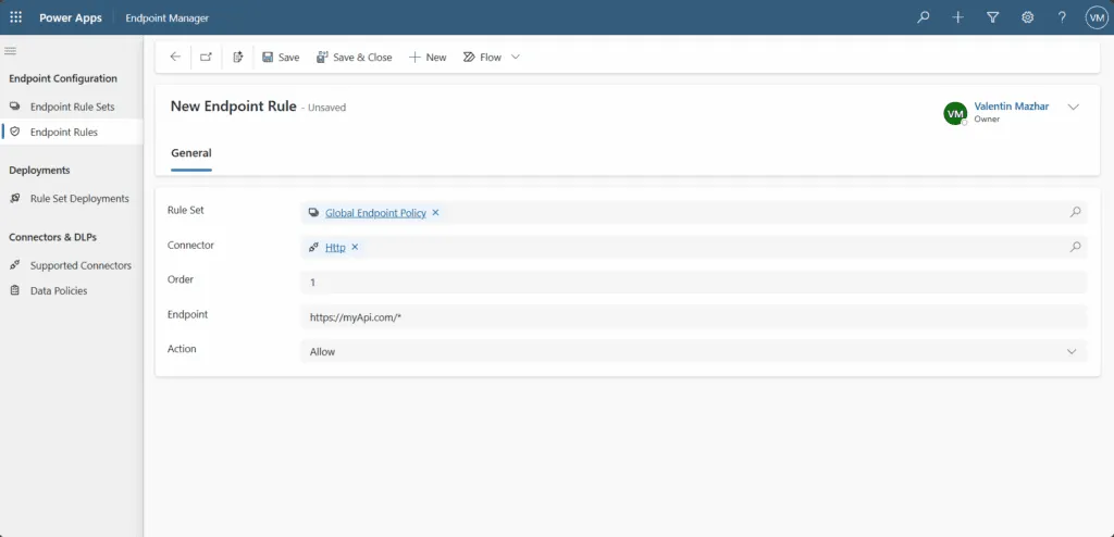 screenshot showing how to create a new endpoint rule with the form