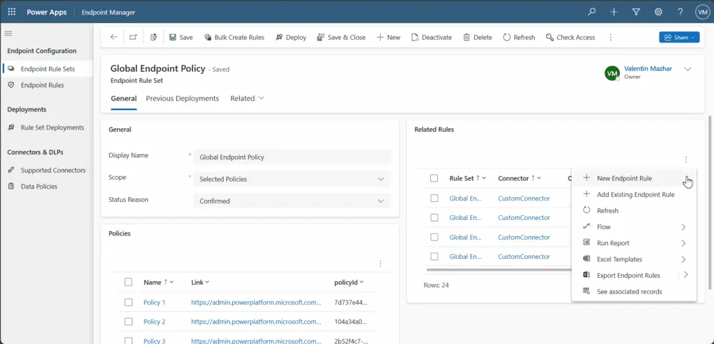 Screenshot showing how to create a new rule for an endpoint rule set