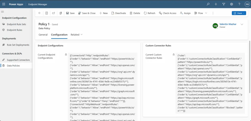 Screenshot showing the data policy configuration tab