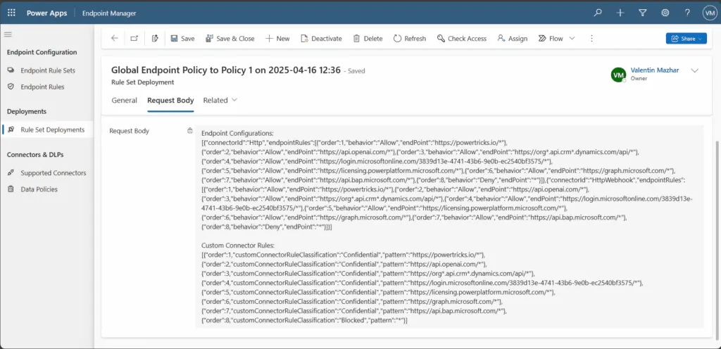 Screenshot showing the set deployment request body tab