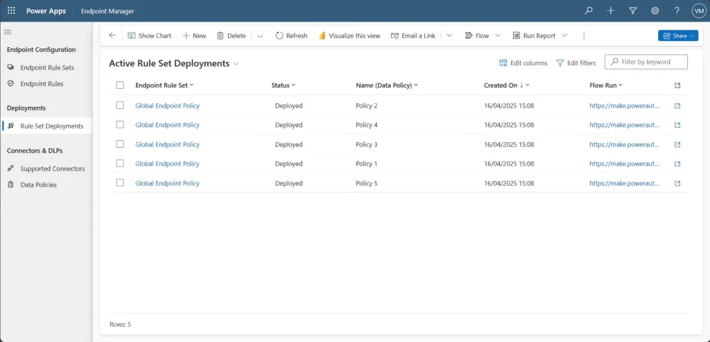 Screenshot showing the list of past rule set deployments