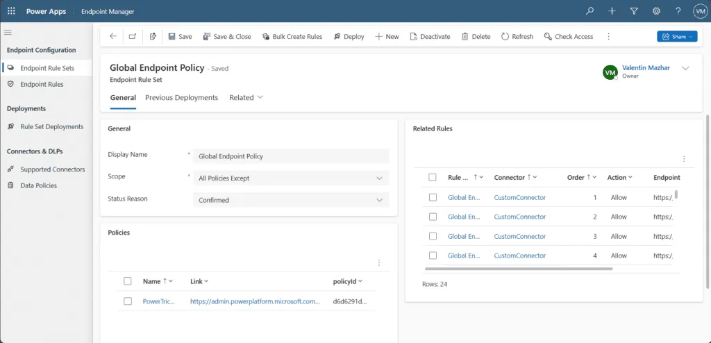 screenshot showing how to deploy a rule set to all except policies