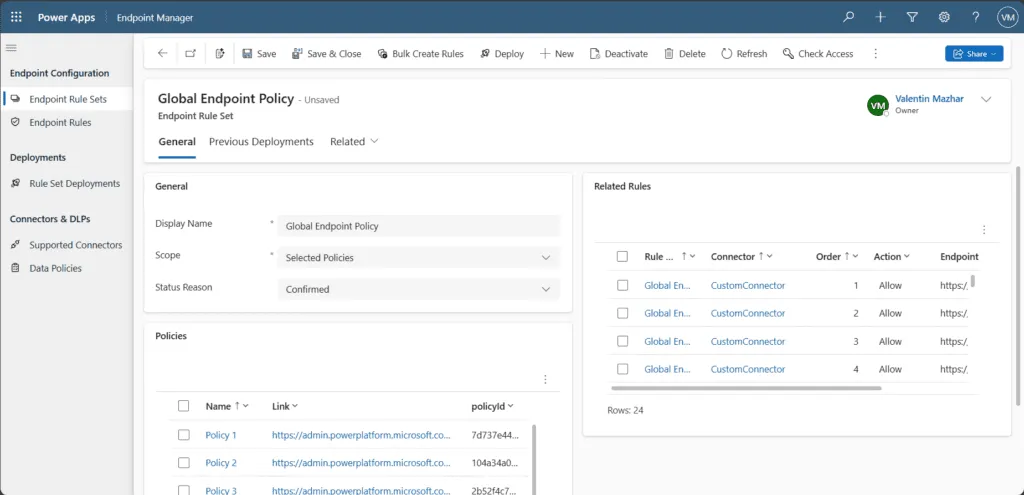 screenshot showing how to deploy a rule set to selected policies