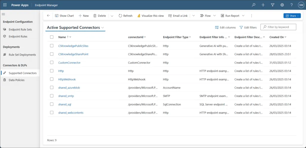 Screenshot showing the supported connectors for endpoint filtering