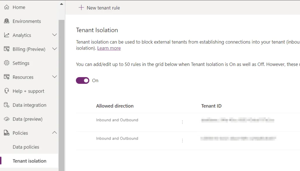 Screenshot showing how to set a Tenant Isolation policy
