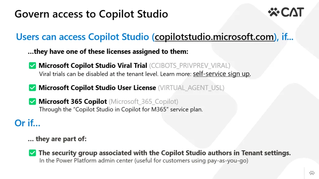 Copilot Studio Implementation Guide slide showing condition to access Copilot Studio