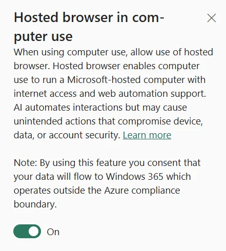 Screenshot showing the hosted browser tenant setting for computer use