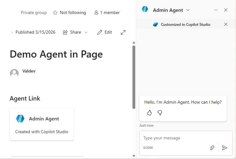 Screenshot showing an agent in the SharePoint page side-pane