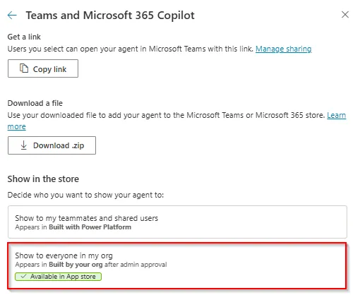 Screenshot showing the option to share with everyone in Copilot Studio