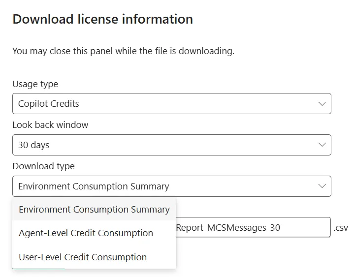 Screenshot showing how to download the copilot studio consumption reports