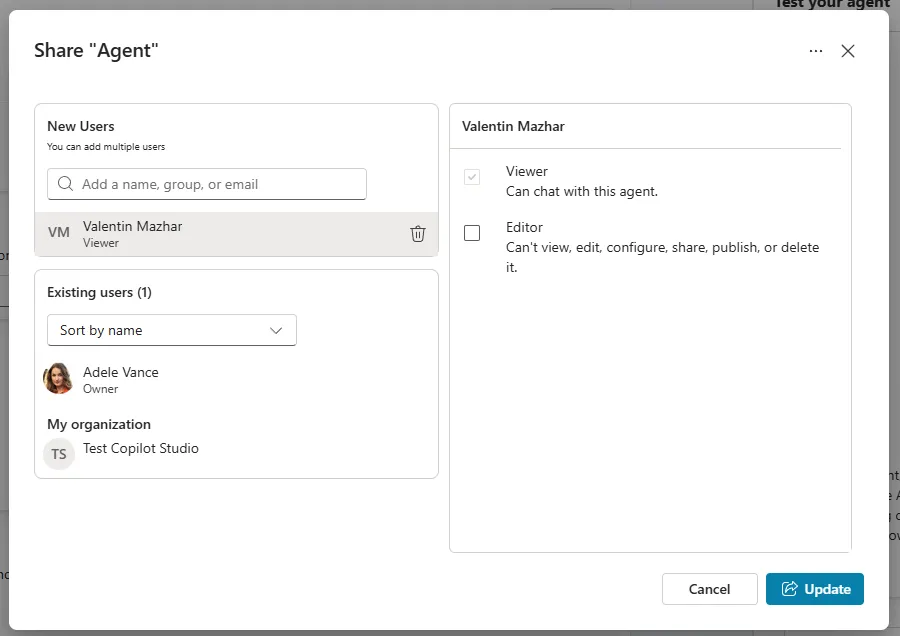 screenshot showing copilot studio sharing experience